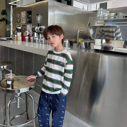 2025 Autumn Children's Clothes Girls Long-Sleeved Base Shirts Cool Boys Striped Cotton T-Shirt Teen Loose Casual 2-7Y Kids Top