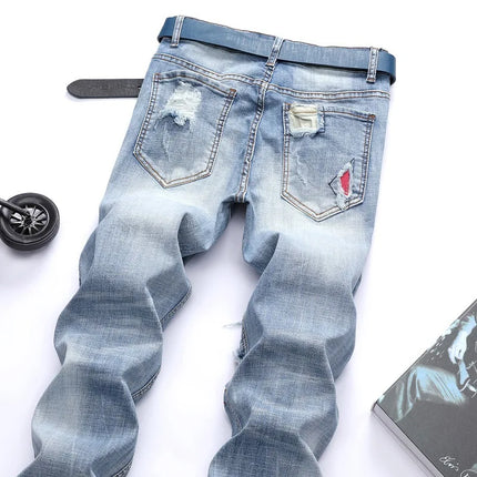 New Men's Personalized Ripped Jeans Light Blue Streetwear Stretch Straight Slim Fit Casual Motorcycle Denim Trousers Male