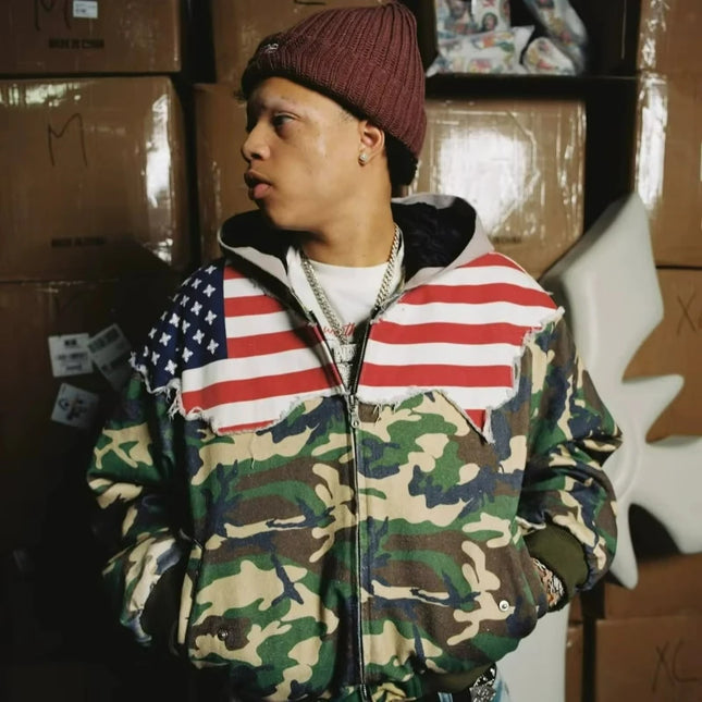 Y2K Retro Distressed Zip Up Coat Men's Streetwear Camouflage USA Flag Patchwork Hooded Jacket Fashion Hip Hop Unisex Sweatshirt