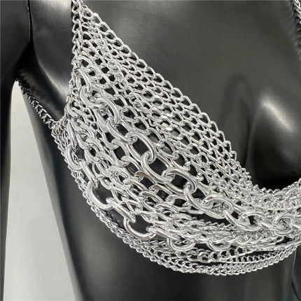 Summer Women Metal Chain Tank Top Sexy Hollow Out Backless Deep V Neck Halter Neck Crop Top Rave Party Nightclub Camisole New