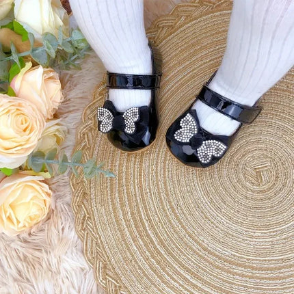 Casual Cute Rhinestone Bowknot Decor Mary Jane Shoes For Baby Girls, Lightweight Non-slip Walking Shoes For Spring And Autumn