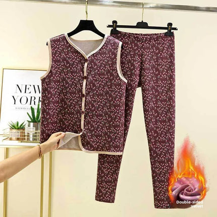 Warm Fleece Lined Velvet Home Clothes Set with Buttoned Knitwear Self Heating Anti Cold Two Piece Set for Women Autumn Winter