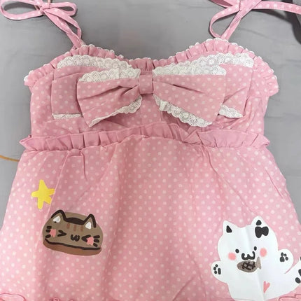 Kimotimo Cute Cat Print Polka Dot Camisole Vest Women Japanese Y2k Bow Ruffle Sleeveless Tank Top Summer Kawaii Ropa De Mujer