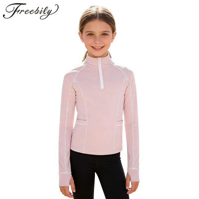 Kids Girls Sweatshirts for Horse Riding Shirt Long Sleeves Thumb Holes Zip-Up Pullover Sweatshirt Sports Tops with Pockets