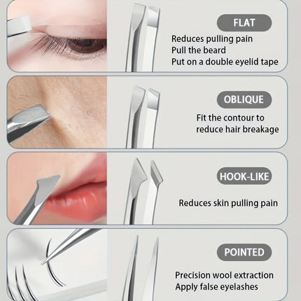 4pcs Precision Stainless Steel Tweezers Set - Eyebrow, Nose & Facial Hair Removal, Fragrance-Free, Glossy Finish