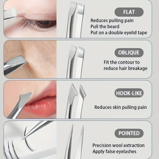 4-Piece Precision Stainless Steel Tweezers Set - Eyebrow, Nose & Facial Hair Removal, Fragrance-Free, Glossy Finish