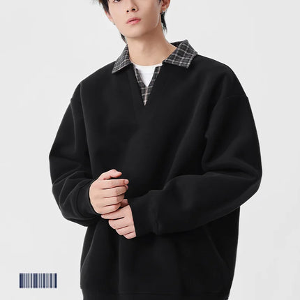 Retro Plaid Polo Neck Sweatshirt for Men and Women Heavyweight Cotton Soft Fake Two-Piece V-Neck Long Sleeve