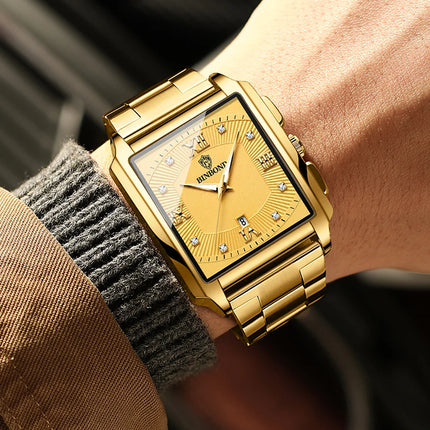 BINBOND Luxury Quartz Watch for Men Golden Square Large Dial 30M Waterproof Leather Strap Wrist Watches Date Display Men's Watch