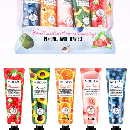 Five piece fruit scented hand cream for moisturizing and long-lasting fragrance retention. Hand care mask cream