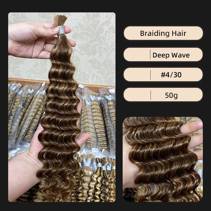 Human Braiding Hair for Boho Braids 50g/Pack Highlight Deep Wave Bulk Human Hair 4/27 Ombre Knotless Braiding Hair Extensions