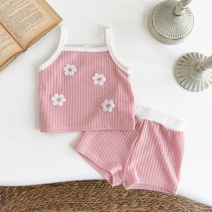 2Pcs/set Summer New Baby Girls Clothing Casual Newborn Set Pink Towel Embroidery Cute Vest-type T-shirt+Shorts Baby Set