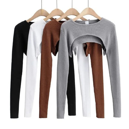 Y2k Aesthetic Clothes O-neck Black White Sexy Harajuku Knitted T-shirt 2024 T-shirts Women Long Sleeve Crop Top Spring Autumn