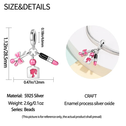 100% 925 Sterling Silver Fashion Pink Princess Skirt Bag Lipstick Charms Beads Fit Qikaola Original Bracelets DIY Jewelry Gifts