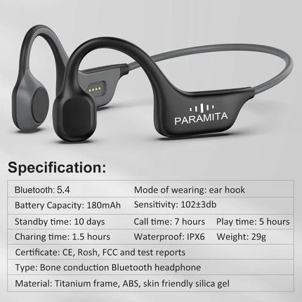 PARAMITA Real Bone Conduction Headphones Bluetooth Wireless Earphones Waterproof Sports Headset with Mic for Workouts Running
