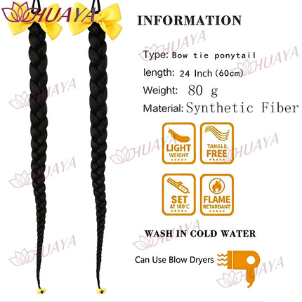 2‑Pack Women's Synthetic 24‑Inch Long Black Braid Ponytail Hair Extensions, Bow Hair Ties, Straight Braid Hair Pieces, Re‑Stylab
