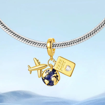 925 Sterling Silver Travel Passport Trunk Charms Fit Original Bracelet Diy Airplane Earth Beads for Jewelry Making Gift