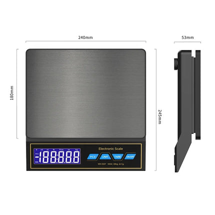 LCD Digital Kitchen Scale 30kg/1g Rechargeable Stainless Steel Panel Electronic Scales Home Jewelry Food Weighing Baking Tools