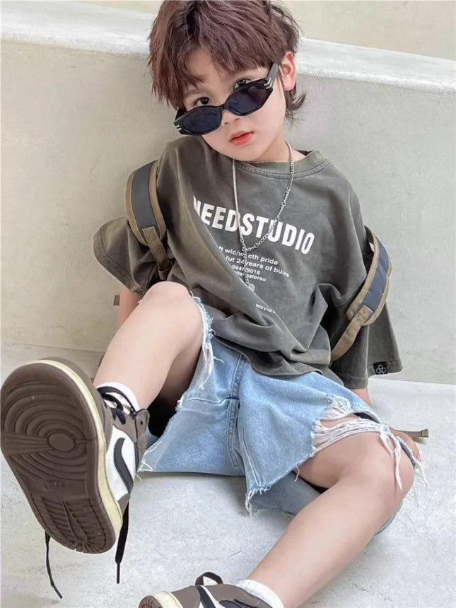 2026 New Boys' Summer 100% Cotton Streetwear Short Sleeve T-Shirt Casual Half Sleeve Clothing