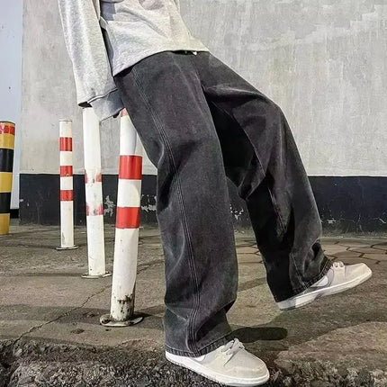Spring and Autumn New American Drawstring Jeans for Men, Loose and Versatile Casual Pants, Trendy Washed Men's Pants