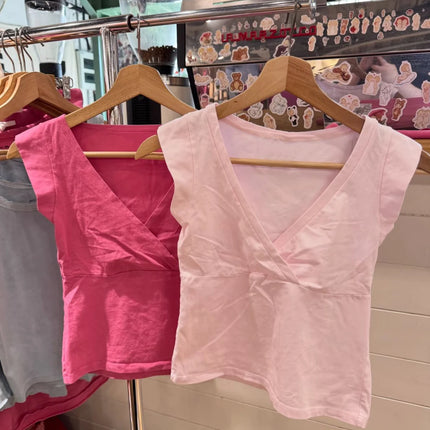 New Rose Red Slim Crop Top Woman Sexy V-neck Short Sleeve Cotton Cropped T-shirt Solid Casual Simple Sweet All-match Tee Tops