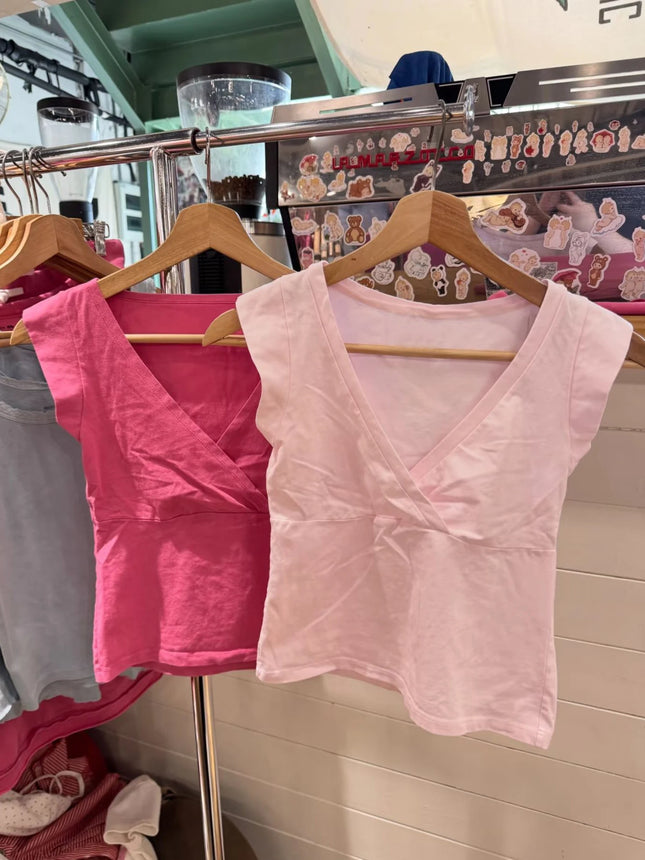 New Rose Red Slim Crop Top Woman Sexy V-neck Short Sleeve Cotton Cropped T-shirt Solid Casual Simple Sweet All-match Tee Tops