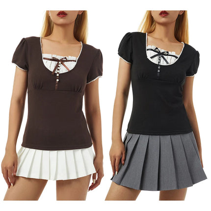 Harajuku Grunge T-shirt Women Korean Preppy Style Kawaii Bow Crop Top Vintage Patchwork Square Collare Puff Sleeve Milkmaid Top