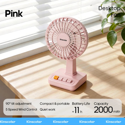 KINSCOTER Vintage Desktop Fan 2000mAh 90° tilt Adjustable Mini Rechargeable Fan 5 Gear Speed  for Home/Office/Student/Gift
