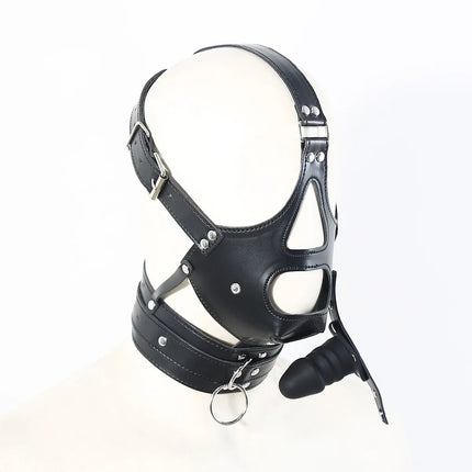 BDSM PU Leather Head Harness Hood Mask with Silicone Dildo Mouth Gag Slave Bondage Role Play Adult Sex Toy Fetish Gear Tools