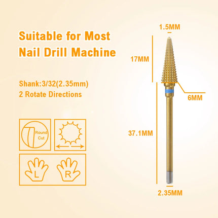 16mm Extra Long Triangle Cone Nail Drill Bits Gold Carbide Milling Cutter Gel Remover Grinding Manicure Tools Accessories 3/32"