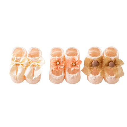 3 Pair Baby Girl Ankle Socks Lace Bow Infant Anti Slip Socks Newborn Princess Pearl Low Cut Socks Children Home Floor Shoes