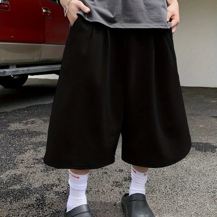 Men Solid Color Casual Capri Shorts Loose Wide Leg Baggy Mid Length Streetwear Daily Sports Pants