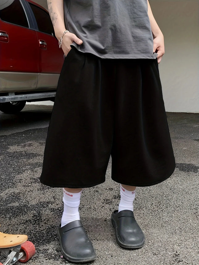 Men Solid Color Casual Capri Shorts Loose Wide Leg Baggy Mid Length Streetwear Daily Sports Pants