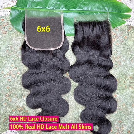 6X6 Body Wave HD Lace Closure Invisible HD Lace Melt Skin PrePlucked Bleached Knots 100% Raw Virgin Human Hair Natural Color