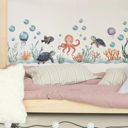 Watercolor Cartoon Ocean Fish Animal Wall Sticker Living Room Bedroom Sea Life Beach Landscape Wall Decal Home Decor