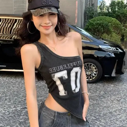American High Street Hot Girl Slanted Collar Off-Shoulder Irregular Letter Print Camisole Vest Women's Retro Slit Top Y2K 2000s