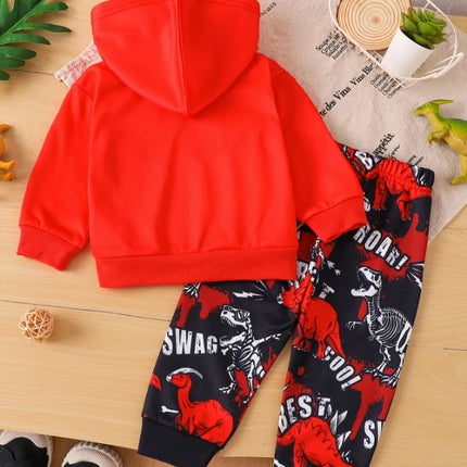 Spring and autumn style for young boys, dinosaur printed fleece hooded long-sleeved sweatshirt and sweatpants, casual two-piece
