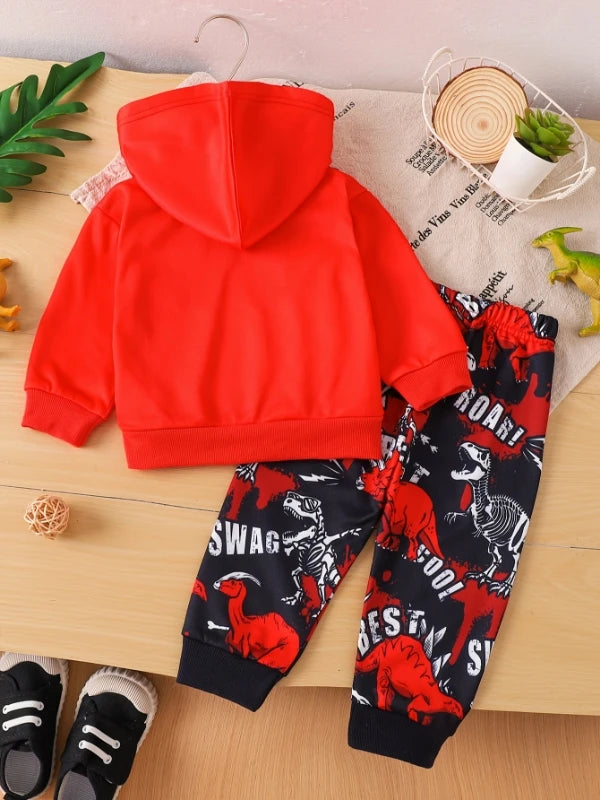 Spring and autumn style for young boys, dinosaur printed fleece hooded long-sleeved sweatshirt and sweatpants, casual two-piece