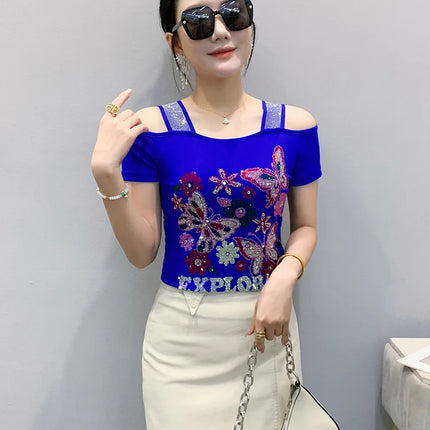 Summer Streetwear Fashion Women's T-shirt Luxury Design Butterfly Hot Diamonds Tee Sexy Off Shoulder Girls Tops European Clothes