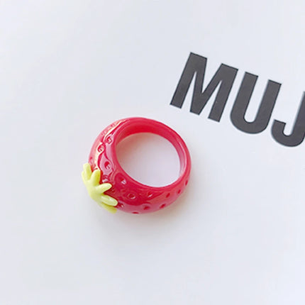 UJBOX New Creative Acrylic Resin Teeth Strawberry Rings for Women Girls Wedding Party Jewelry Accessories Gift Wholesale