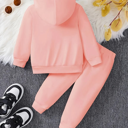 Baby girl cute cartoon cat pattern long sleeved fleece hooded sweatshirt+casual simple pants set, spring and autumn two-piece se