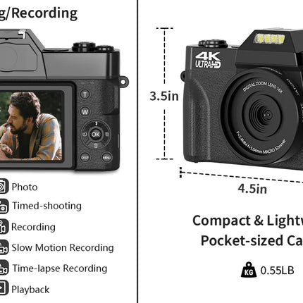 4K Digital Camera for Photography 16X Digital Zoom Vlogging Camera for YouTube 64MP WiFi Auto Focus Video Camera 3" Flip Screen