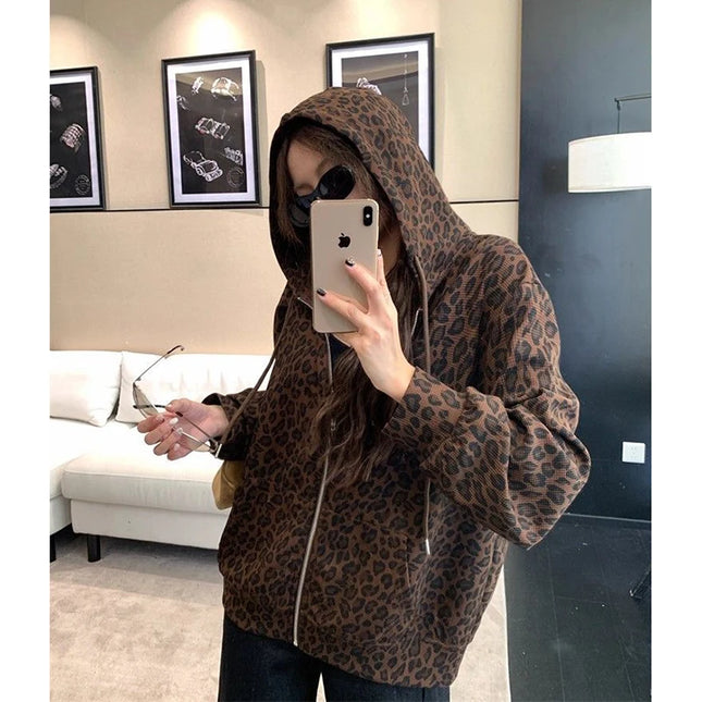 Women Y2K Leopard Hoodies Streetwear Loose Harajuku Retro Sweatshirts Hip Hop Fall American Vintage Female Long Sleeve Tops New