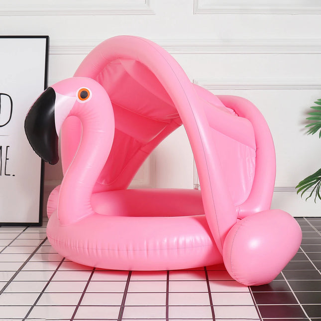 1PC Flamingo-shaped Baby Swim Ring with Sunshade, Removable and Adjustable Sunshade, Inflatable Baby Swim Ring with Back Support