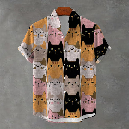 Men's New Short-Sleeved Shirt, Cartoon Cat Print, Hawaiian Style Casual Vacation Lapel Top, Wrinkle-Resistant and Non-Iron.