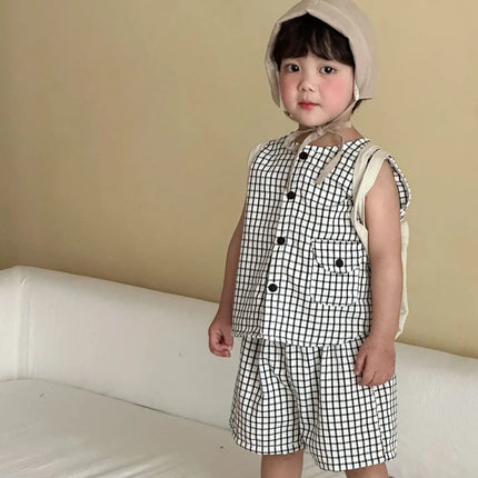 RAISE 2026 Summer Children Outfit Muslin Peter Pan Collar Kids Girls Sleeveless Dress Thin Plaid Tank Top Vest+loose Shorts Suit