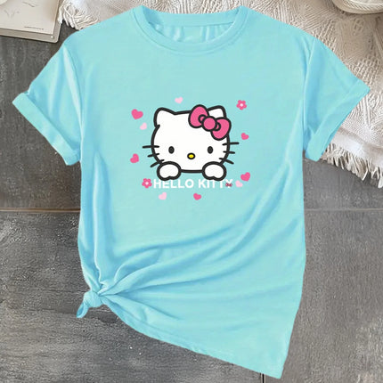 Girls Summer Classic Hello Kitty Pattern Trendy T-shirt Cute and Fashionable Style Suitable Daily Casual Wear 100% Pure Cotton