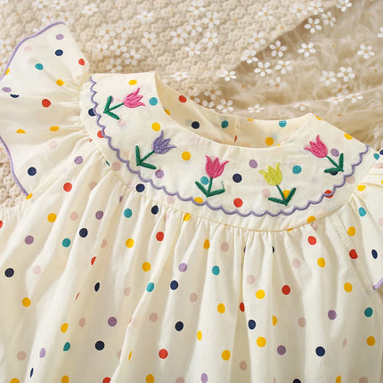 Baby Jumpsuit For 3 To 18 Months Flower Embroidered Colorful Polka Dots Printed Bodysuit