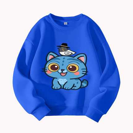 Cute Blue Cat with Hat Print Kids Sweatshirt Toddler Boys Girls Casual Long Sleeve Pullover Autumn Winter Clothes