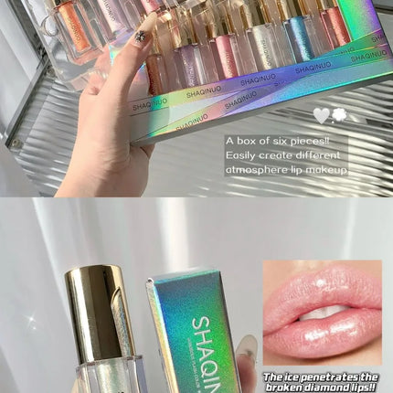 SHAQINUO Glittering Mirror Lip Glaze Set, Watery Shimmering Light Lip Gloss Makeup 6 Color, Hydrating Moisturizing, Long Lasting