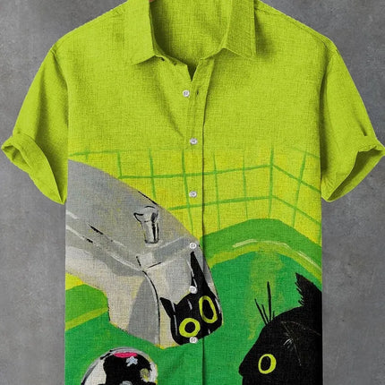 Men's Cat Graphics Shirts Short Sleeved Button Down Lapel Shirt For Summer Oversized Tops Vacation Casual Hawaiian Shirts